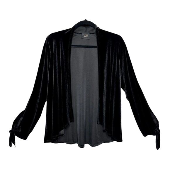 W5 Sweaters - Jet Black Velvet Velour Waterfall Open Front Cardigan Long Sleeve with Ties M